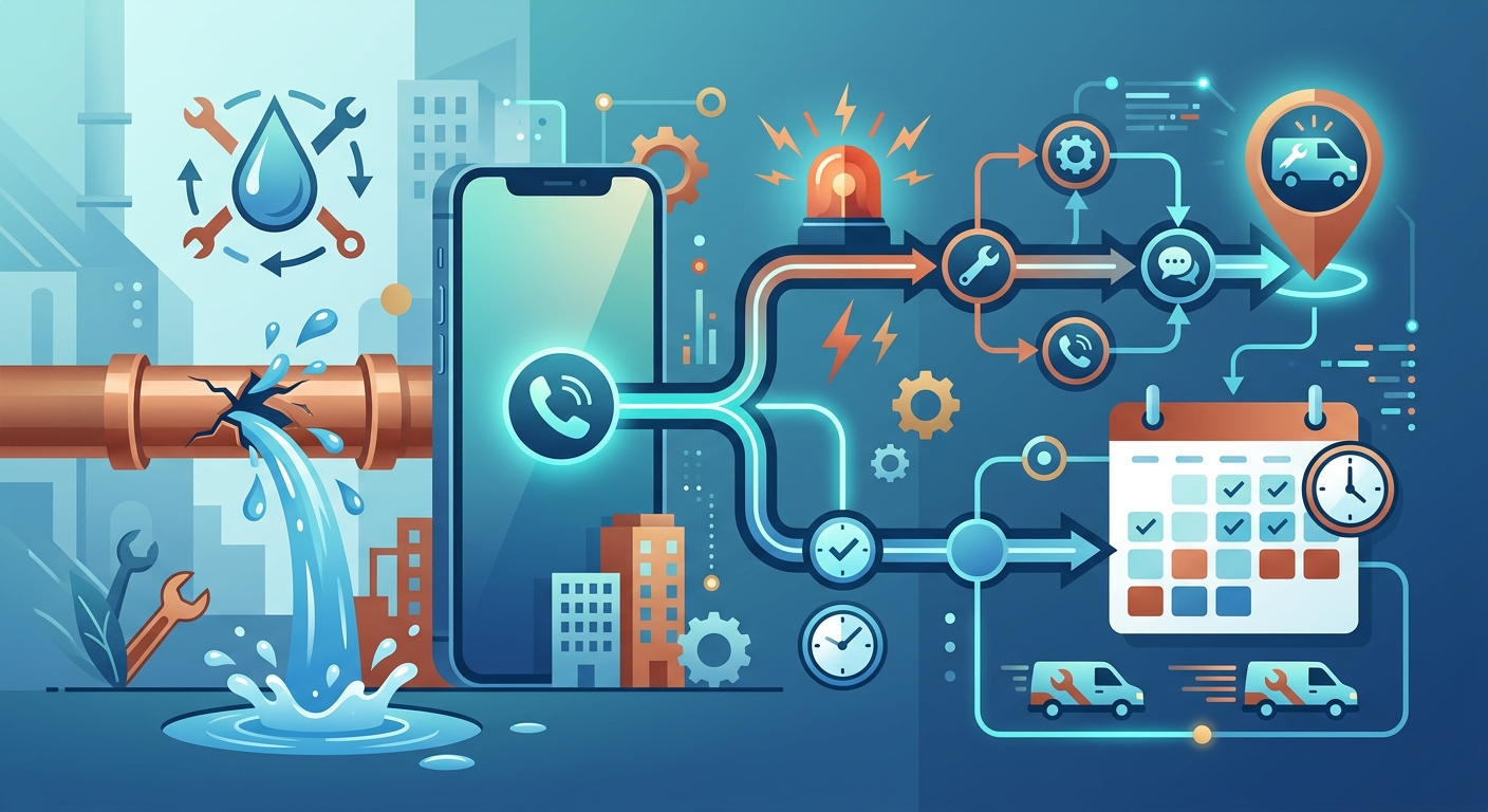 A plumbing service truck dispatched after AI captures an emergency call