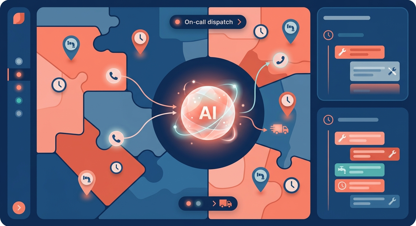 A plumbing operations dashboard showing service zones, dispatched jobs, and live call routing
