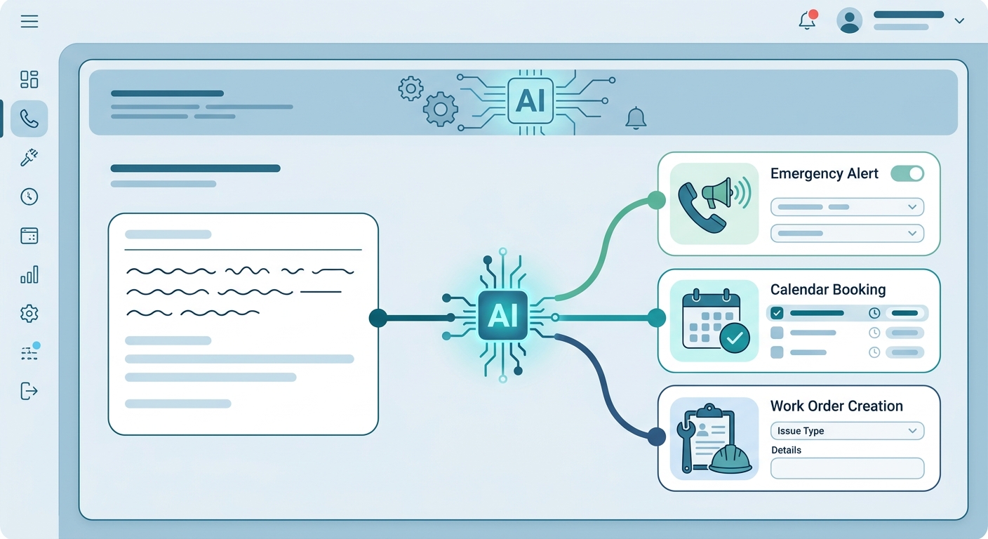 A property management AI agent configuration interface showing plain-English triage rules connecting to emergency alerts, calendar bookings, and work order creation