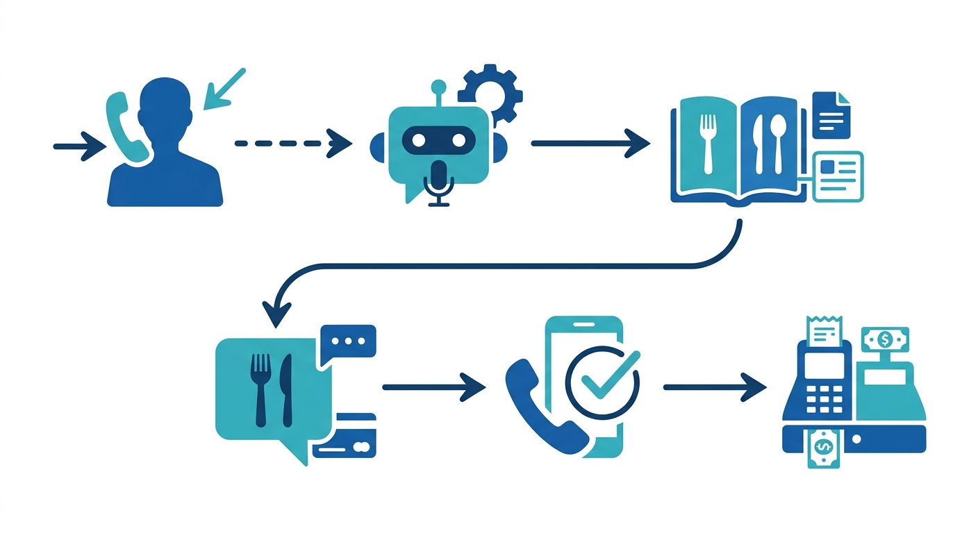 Restaurant phone call flow: caller to AI agent to order confirmation to POS