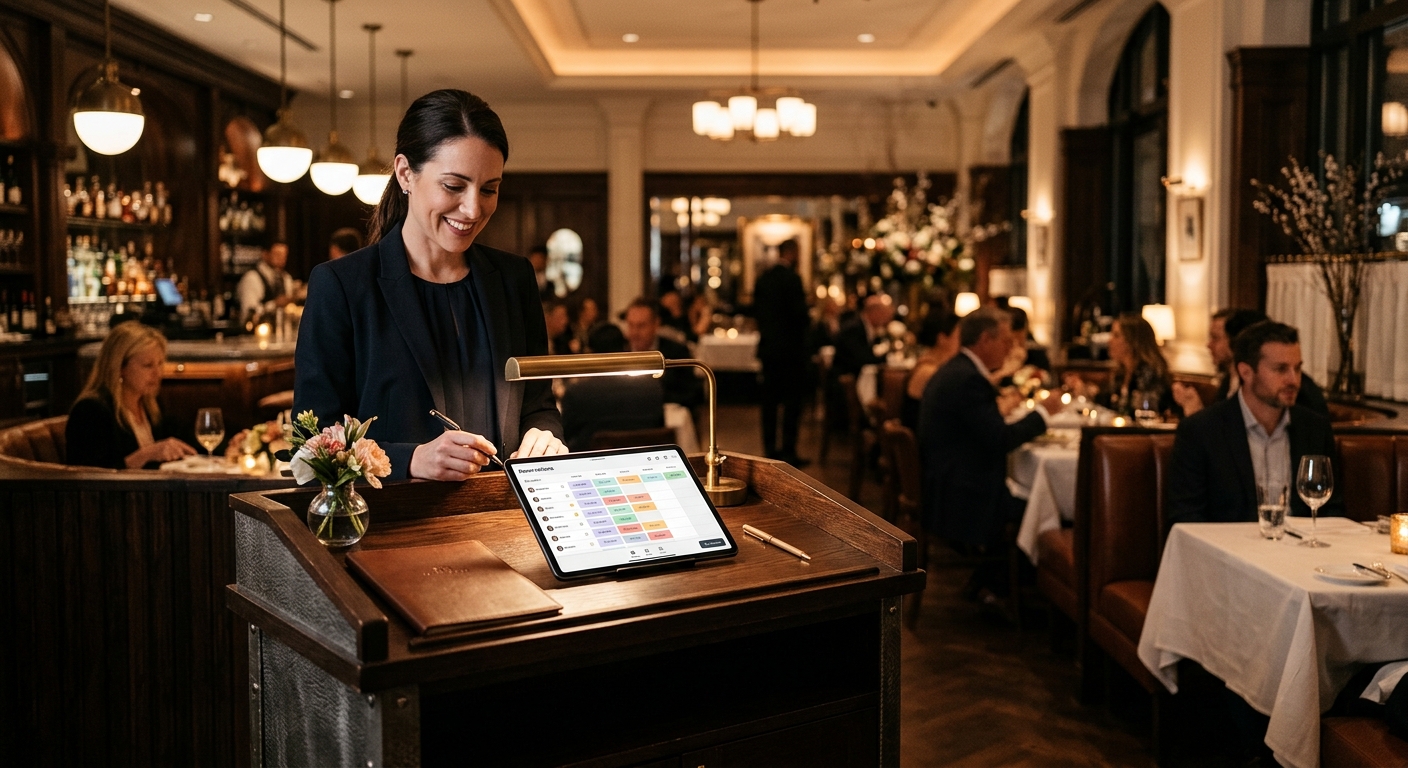 Restaurant host stand with reservation tablet in warm dining room