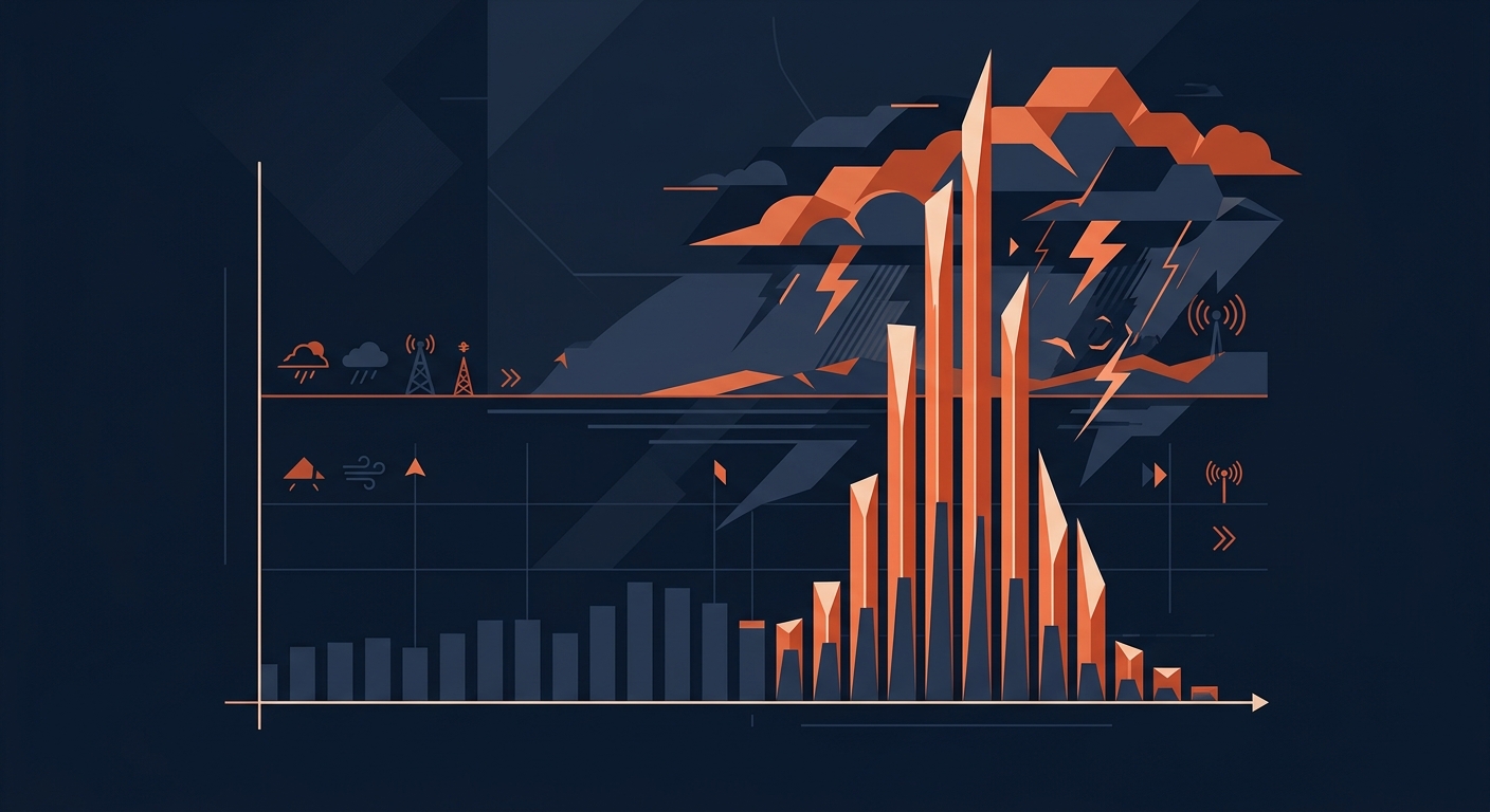 A data visualization showing call volume during a storm surge event — roofing companies see 8x normal inbound volume in the hours after a hail event