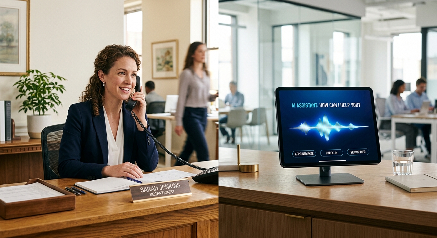 A split image showing a traditional receptionist desk vs a modern AI interface