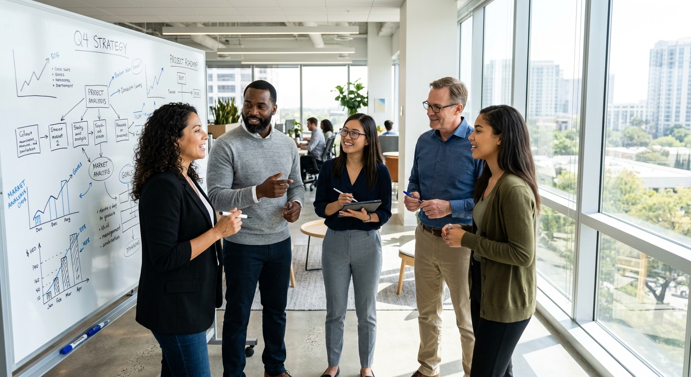 A team working together in a bright modern office space