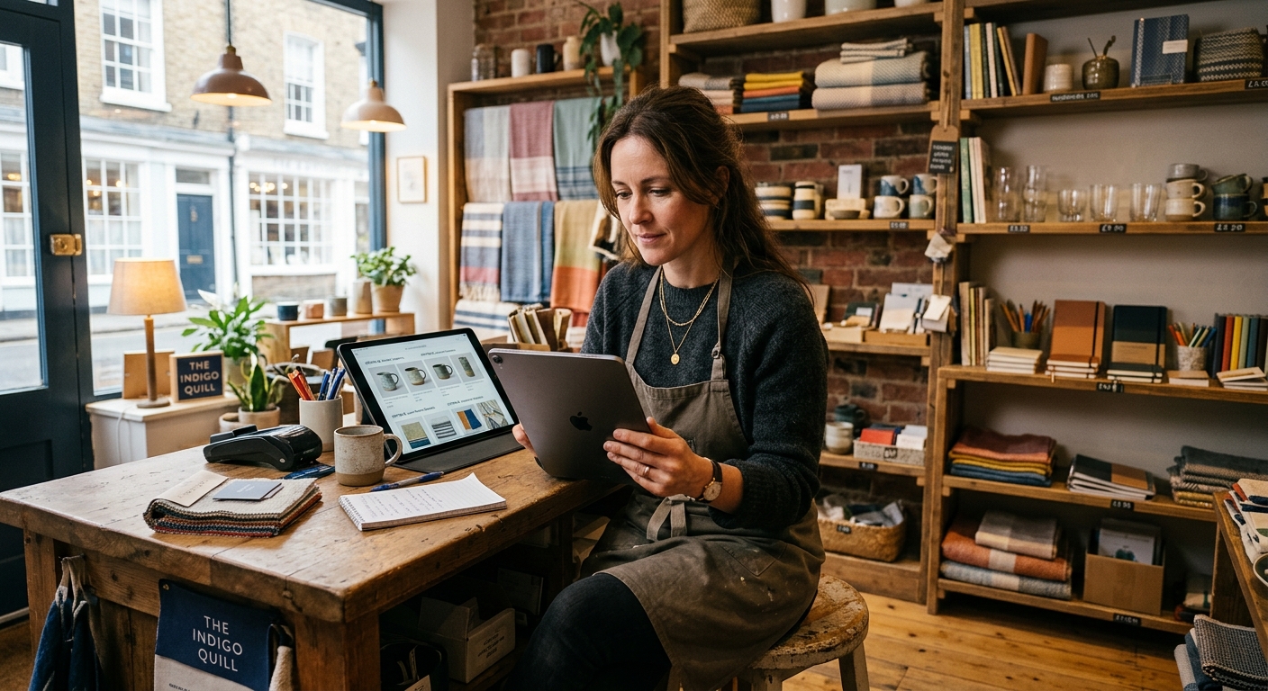 A small business owner reviewing options on a tablet in their shop