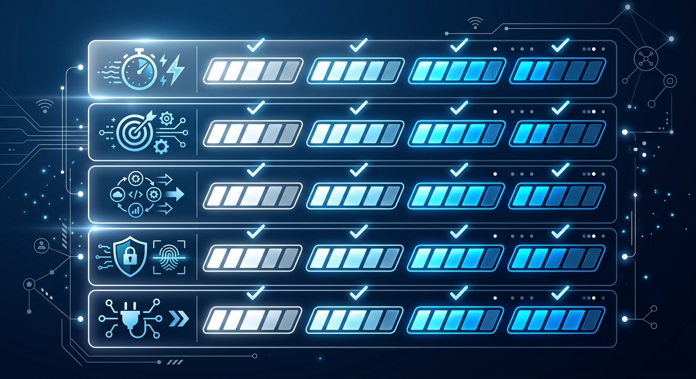 Scorecard comparison of AI phone agent platforms evaluated on five SMB criteria: plain-English updates, self-learning, pricing transparency, setup speed, and CRM integration