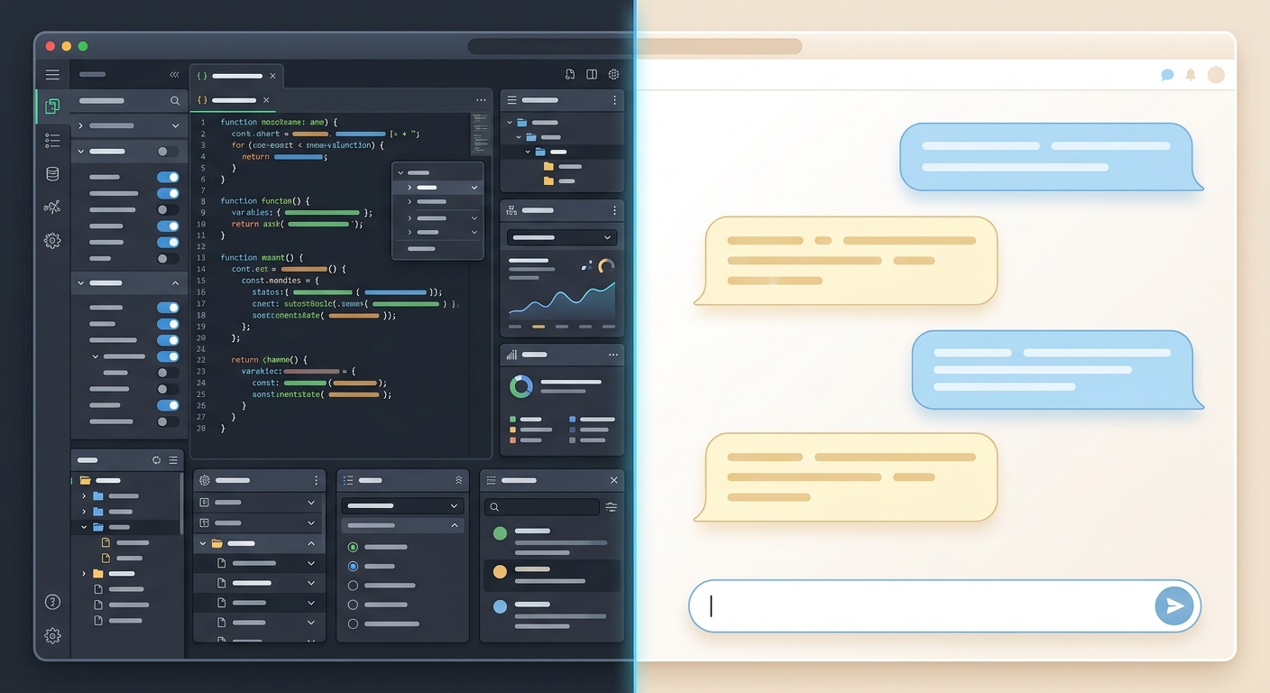 Illustration comparing a complex developer configuration panel on the left with a simple plain-English text input on the right