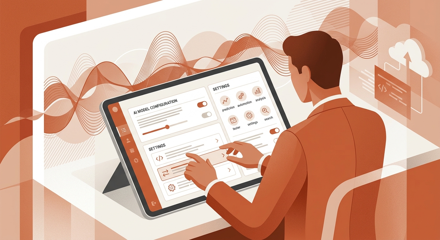 A business owner updating AI receptionist behavior with a plain-English instruction on a clean SaaS dashboard, phone call waveforms in the background