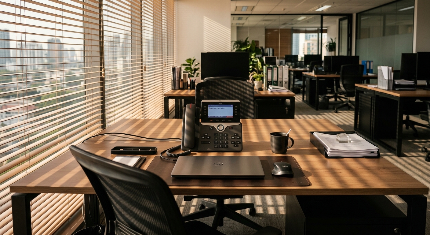 An empty office desk with a phone showing missed calls