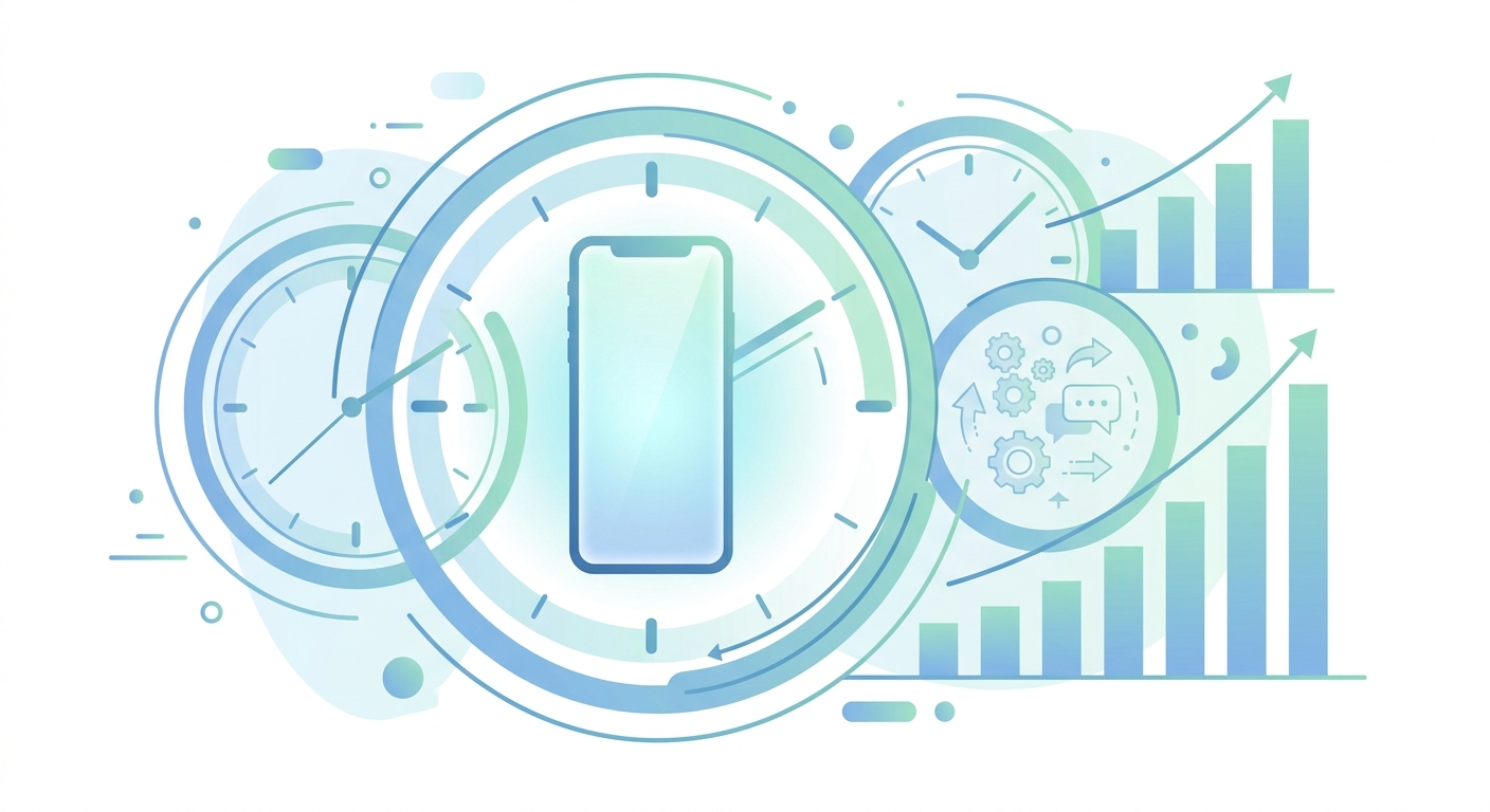 Abstract visualization of phone calls being answered 24/7 with signal waves and a performance score gauge showing maximum