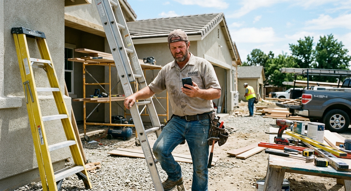 A contractor checking their phone for missed calls while on a job site