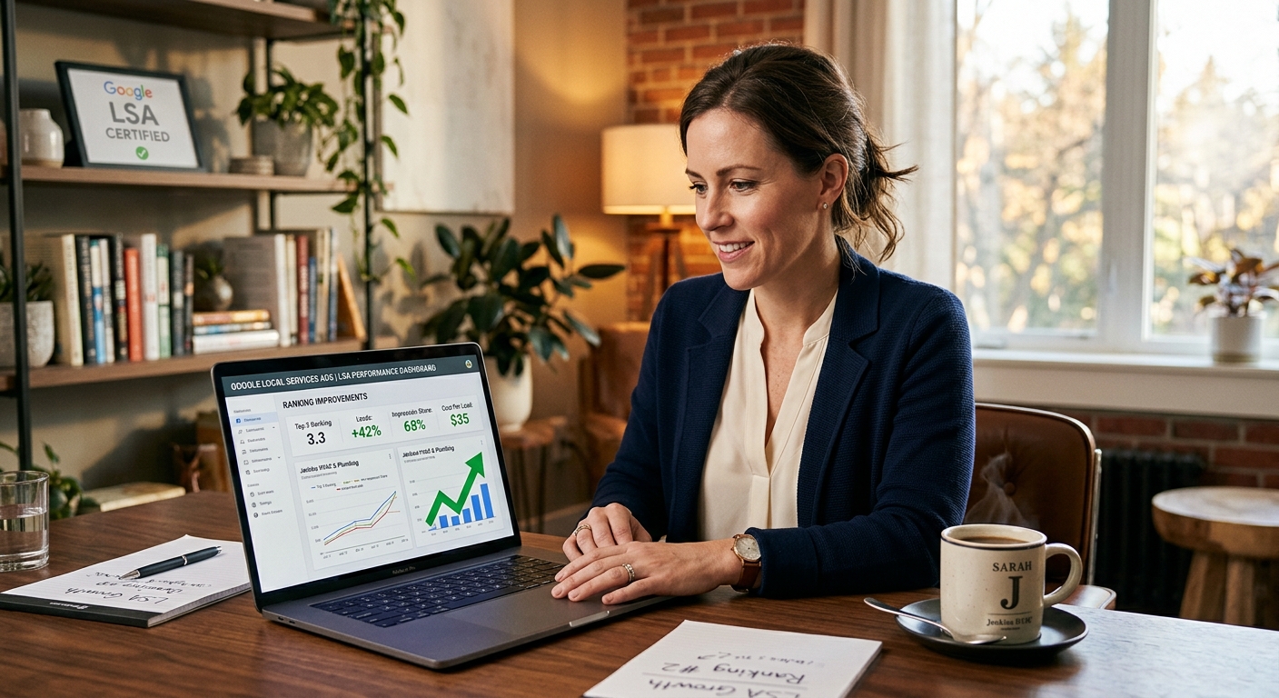 A business owner reviewing LSA performance metrics on a laptop