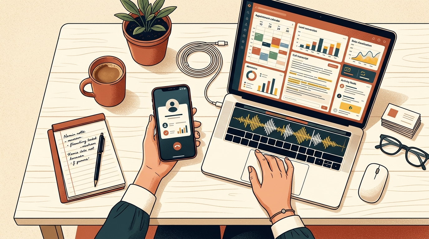 Side-by-side editorial illustration of a minimalist mobile phone interface vs an expansive AI receptionist dashboard with appointment booking, lead scoring, and call analytics widgets