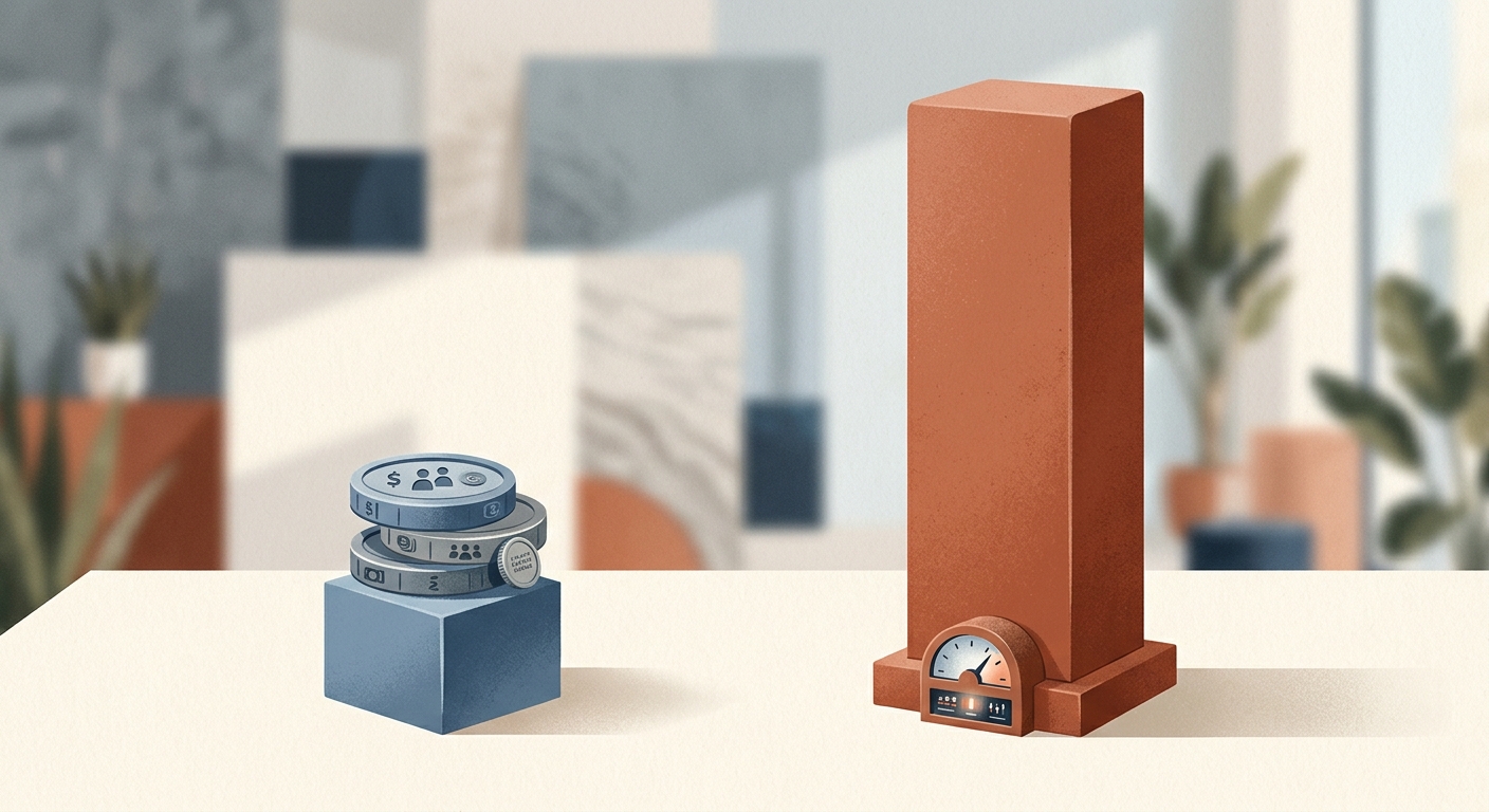 Editorial illustration of two pricing stacks: a small per-user block versus a tall flat-platform column with a per-minute meter at the base