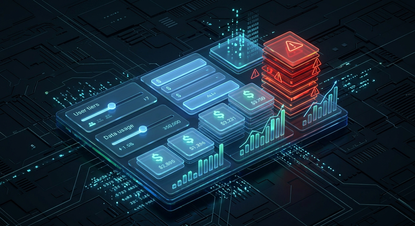 Abstract pricing comparison dashboard showing stacked cost tiers and per-minute billing complexity