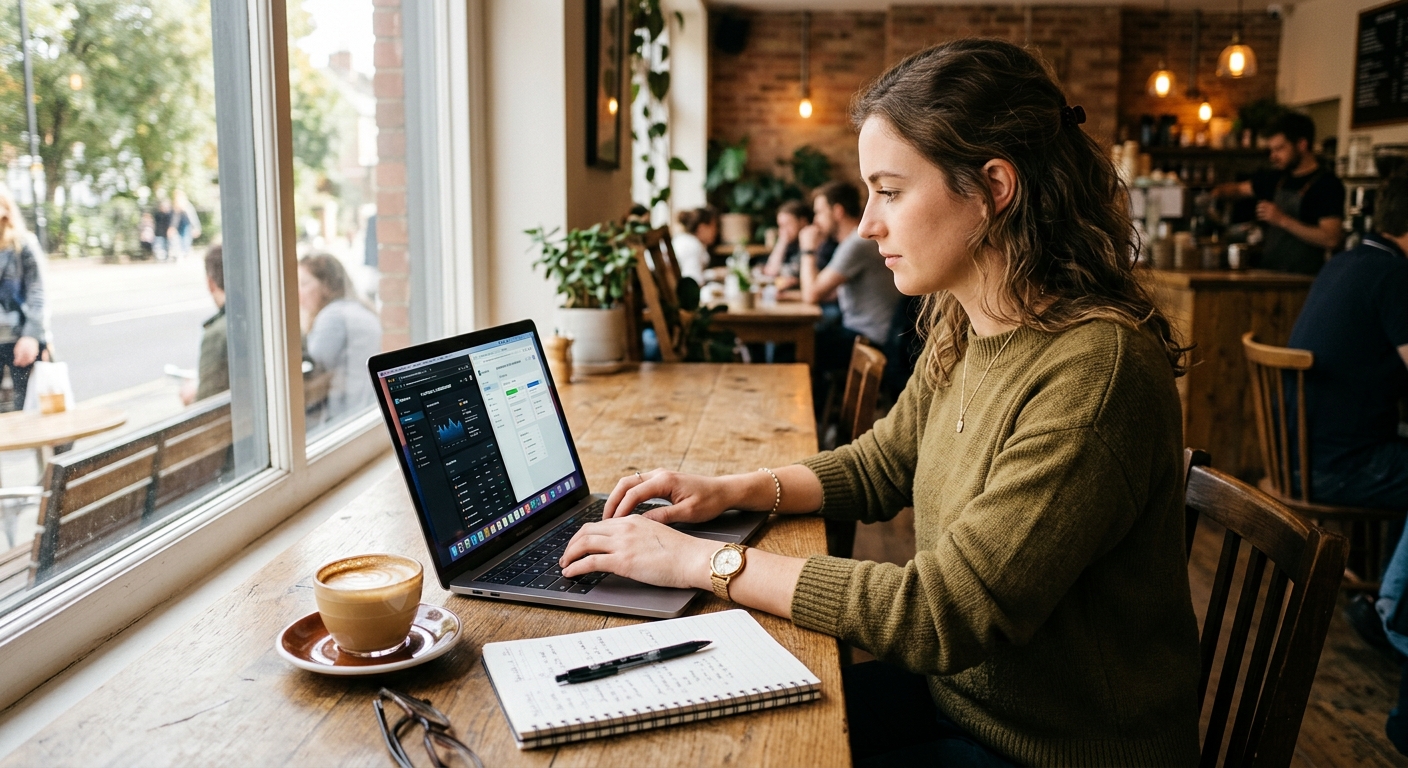 A person typing on a laptop comparing software options