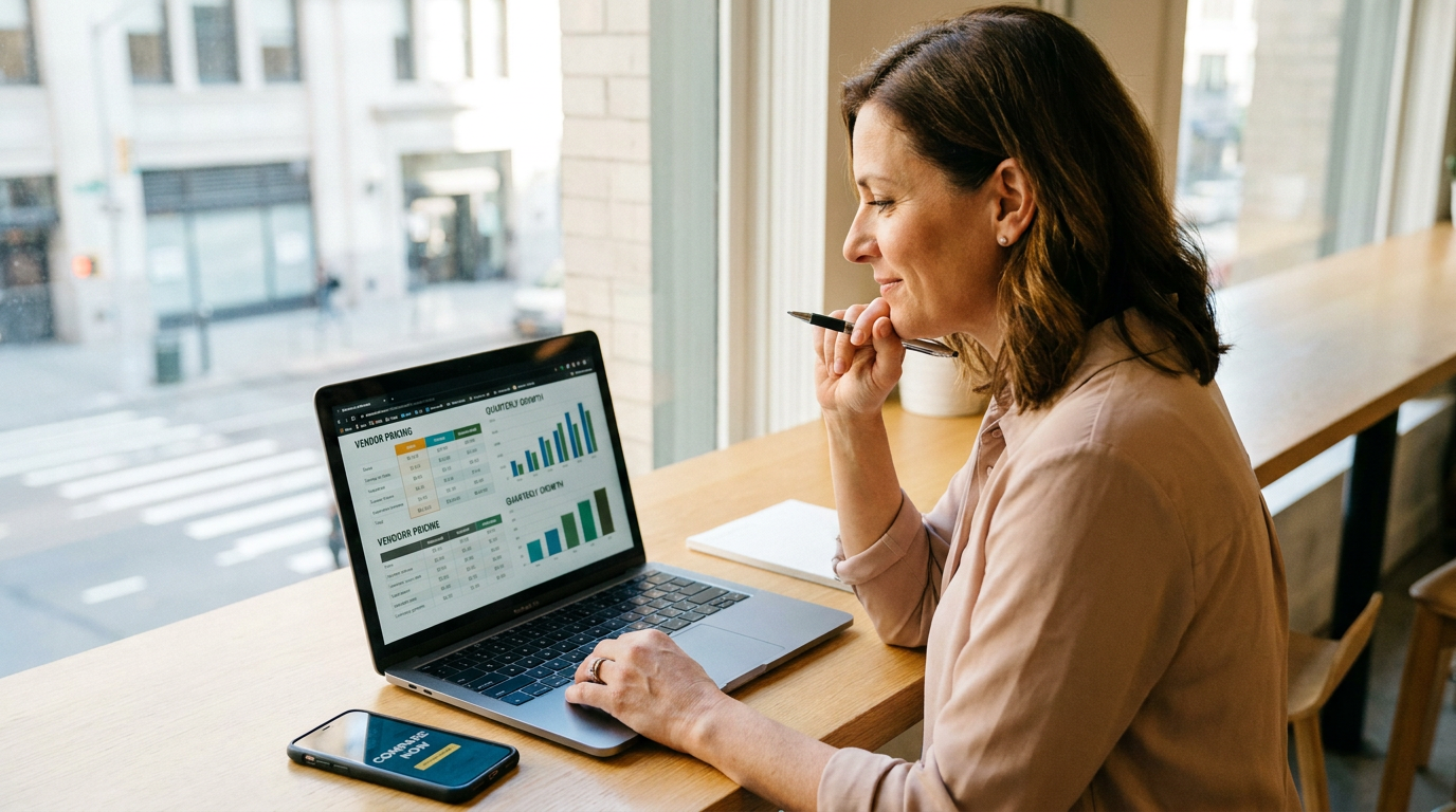 Business owner comparing voice AI platforms on laptop