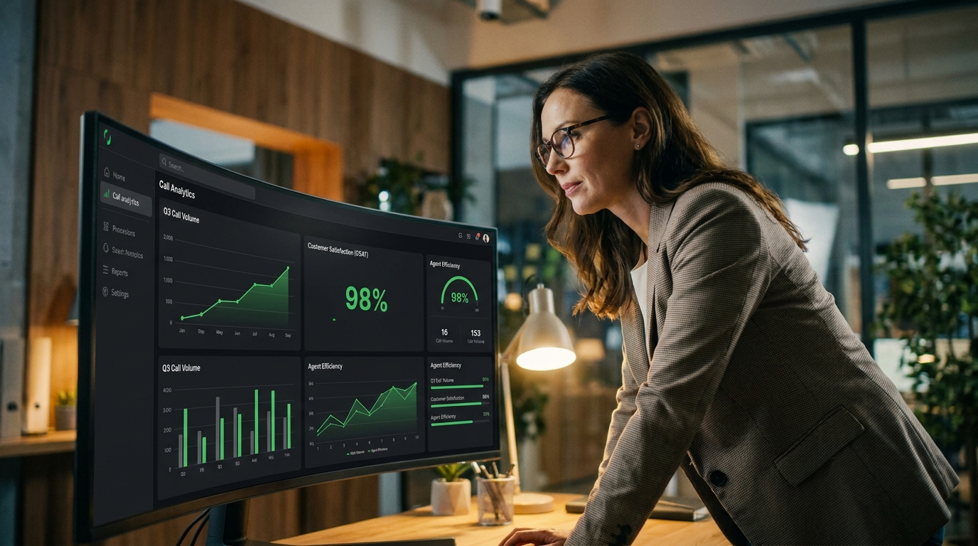Business professional reviewing AI call analytics on dashboard