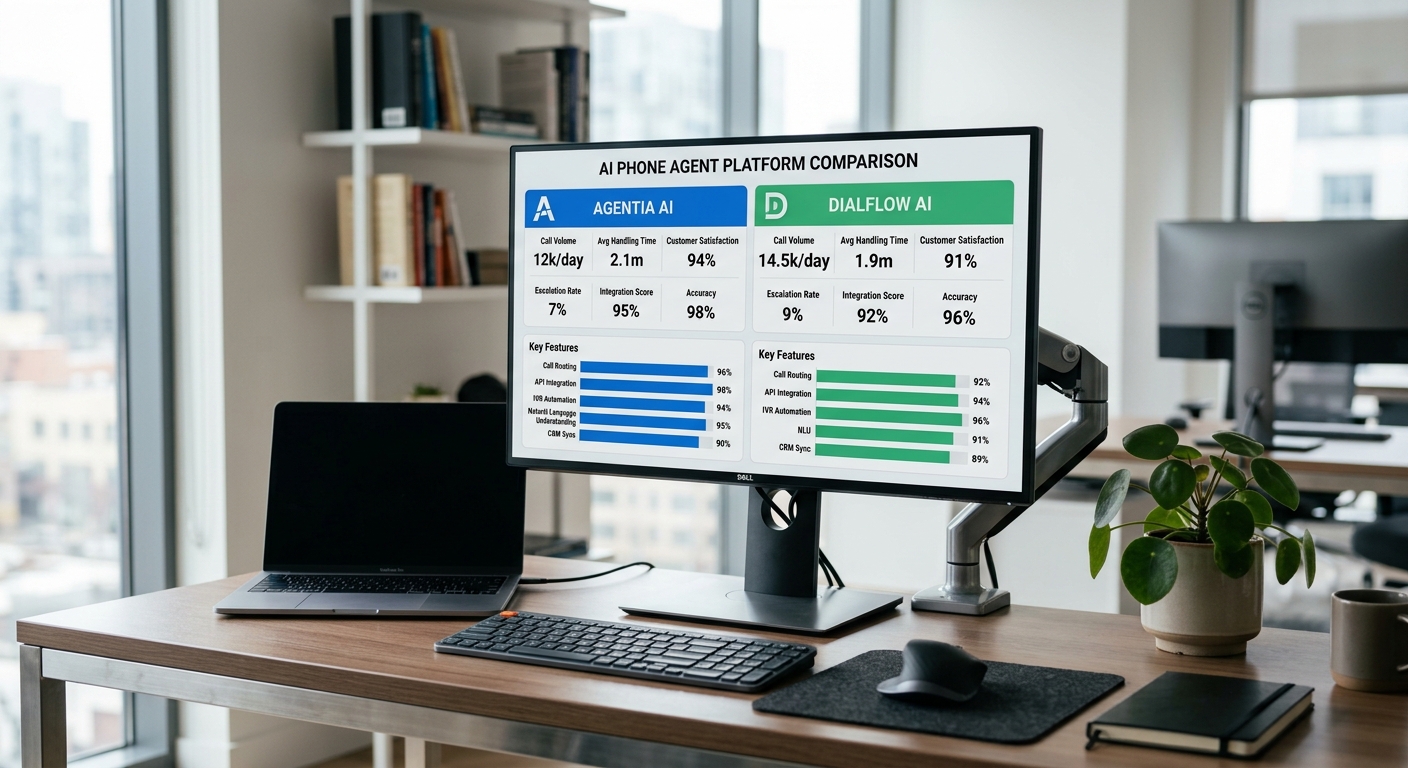 AI phone agent comparison dashboard showing feature metrics
