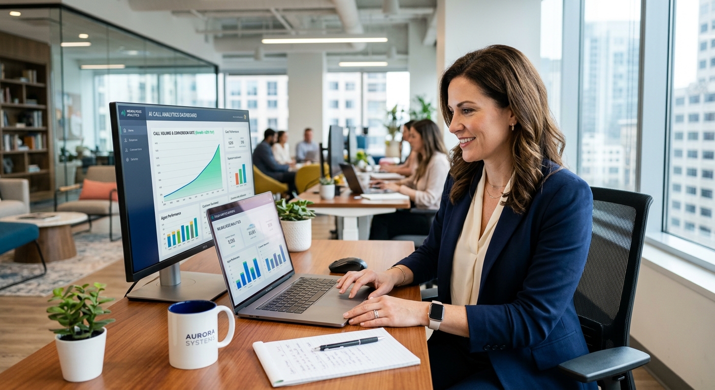 A business owner reviewing AI call analytics on a laptop in a modern office setting