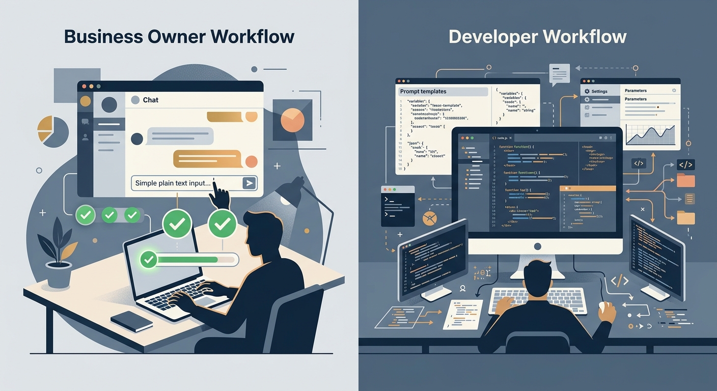 Abstract illustration contrasting plain-text business interface with complex developer prompt engineering workflow