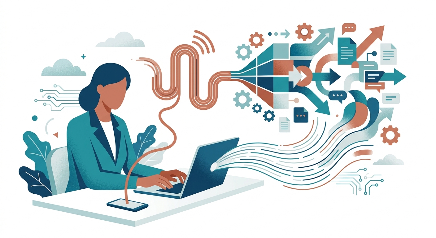 Abstract illustration of a business owner typing plain instructions that flow directly into AI phone call behavior