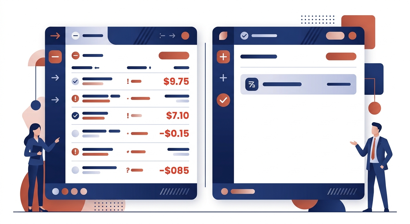 A split-screen SaaS illustration showing a frozen static script document on one side and a dynamic AI dashboard with improving graphs on the other