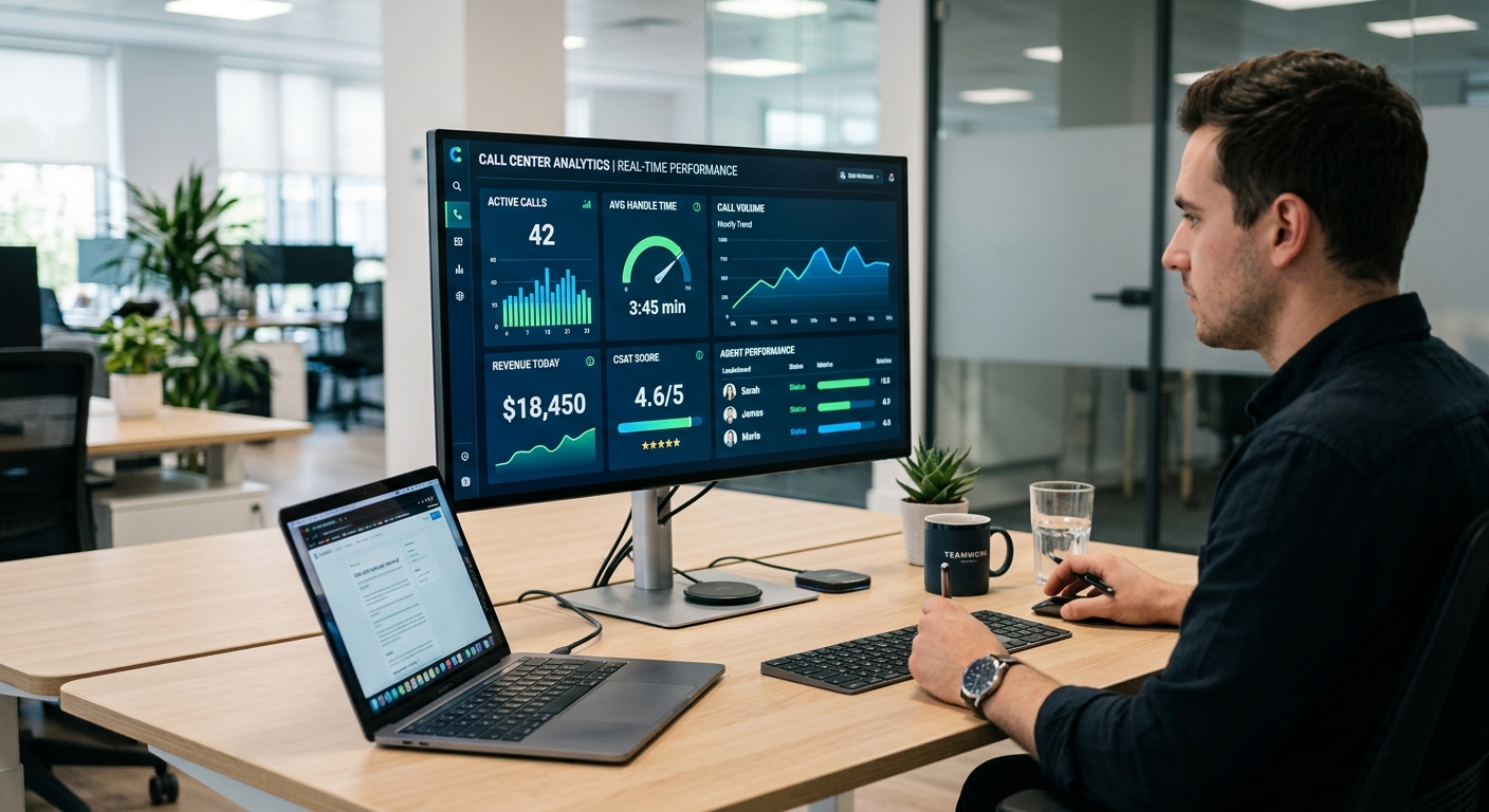A modern AI-powered office dashboard showing real-time call analytics and performance metrics