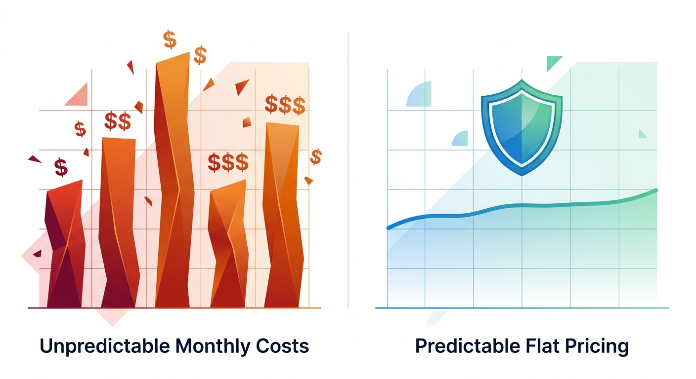 Abstract comparison of unpredictable per-minute billing vs clear transparent pricing