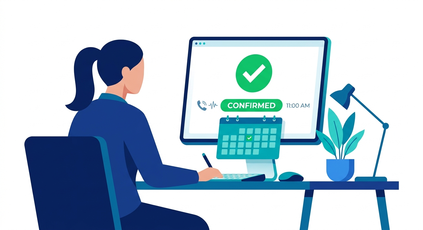 Small business owner reviewing AI booking confirmations on a clean dashboard interface