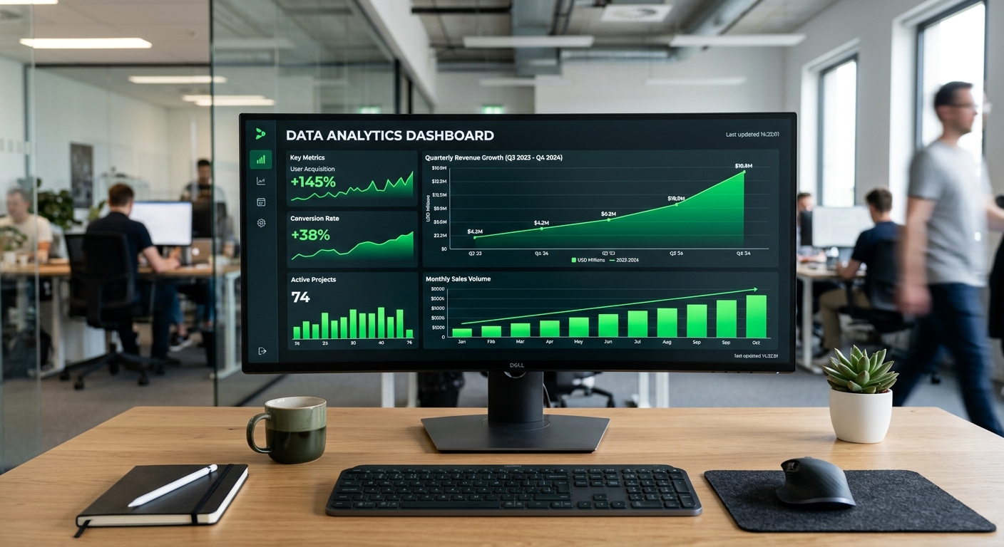 A data analytics dashboard showing upward trending metrics