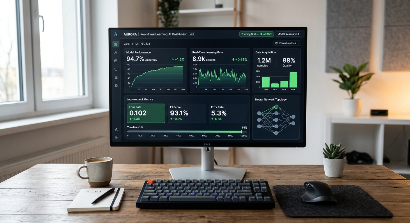 An AI interface showing real-time learning metrics and prompt improvement suggestions