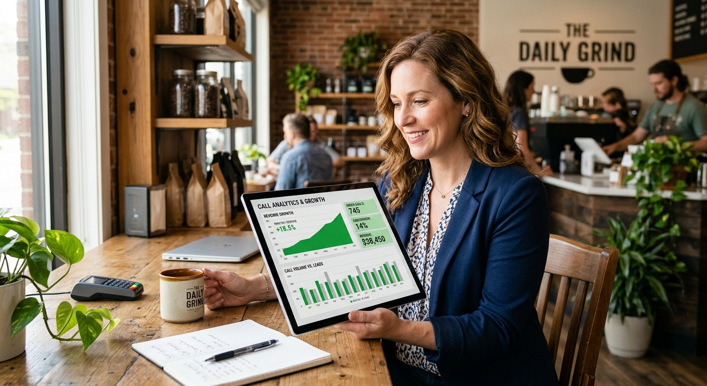 A small business owner reviewing call analytics on a dashboard showing revenue growth