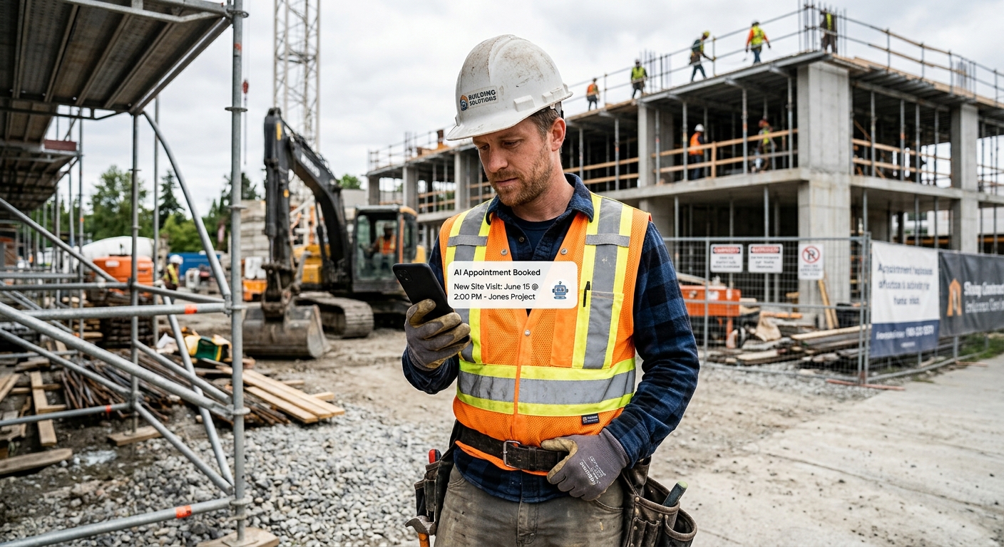 A contractor on a job site checking their phone showing a new appointment booked by AI