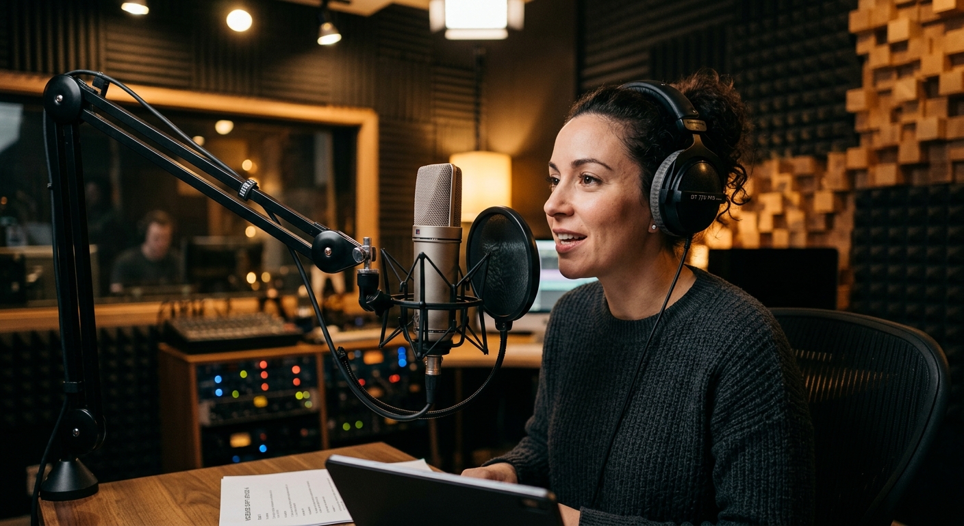 A person speaking into a microphone in a professional recording studio