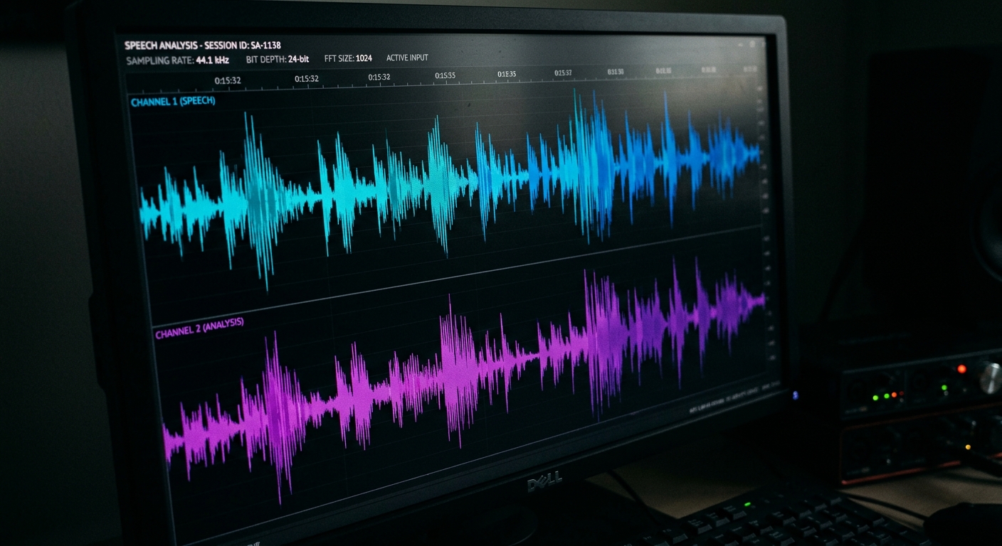 A close-up of sound wave patterns visualizing speech technology